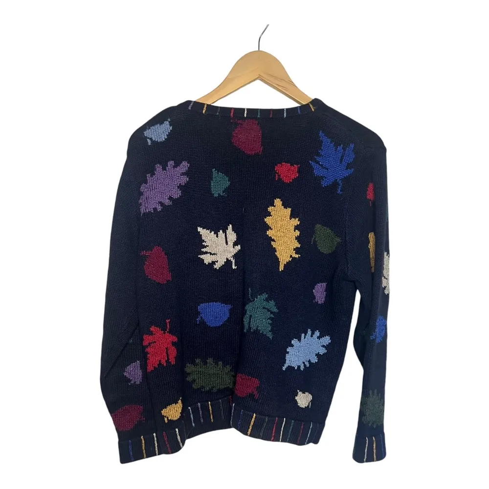 Vtg Hand Embroidered Colorful Fall Leaves Knit Cardigan S - Image 2