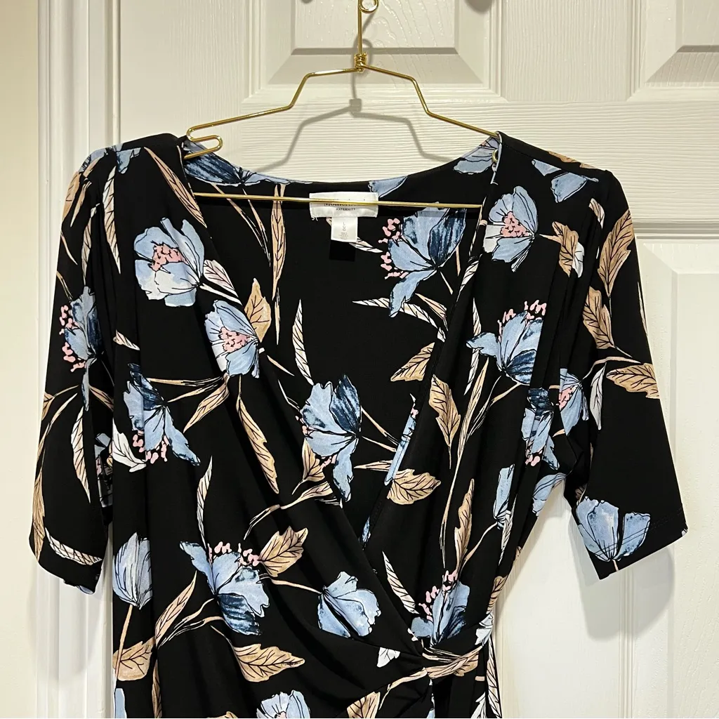 Motherhood Maternity Wrap Black and Blue Floral Dress Size Large Slinky Material - Image 9
