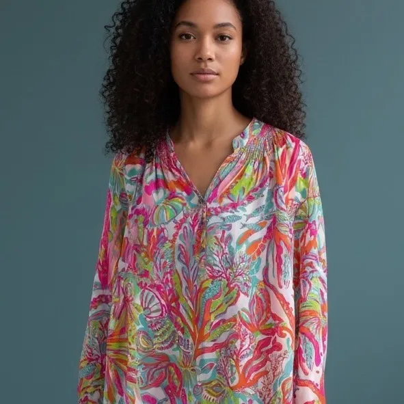 Lilly Pulitzer Silk Smocked V Neck Long Sleeve Tunic Top Coral Teal Pink Print M - Image 2