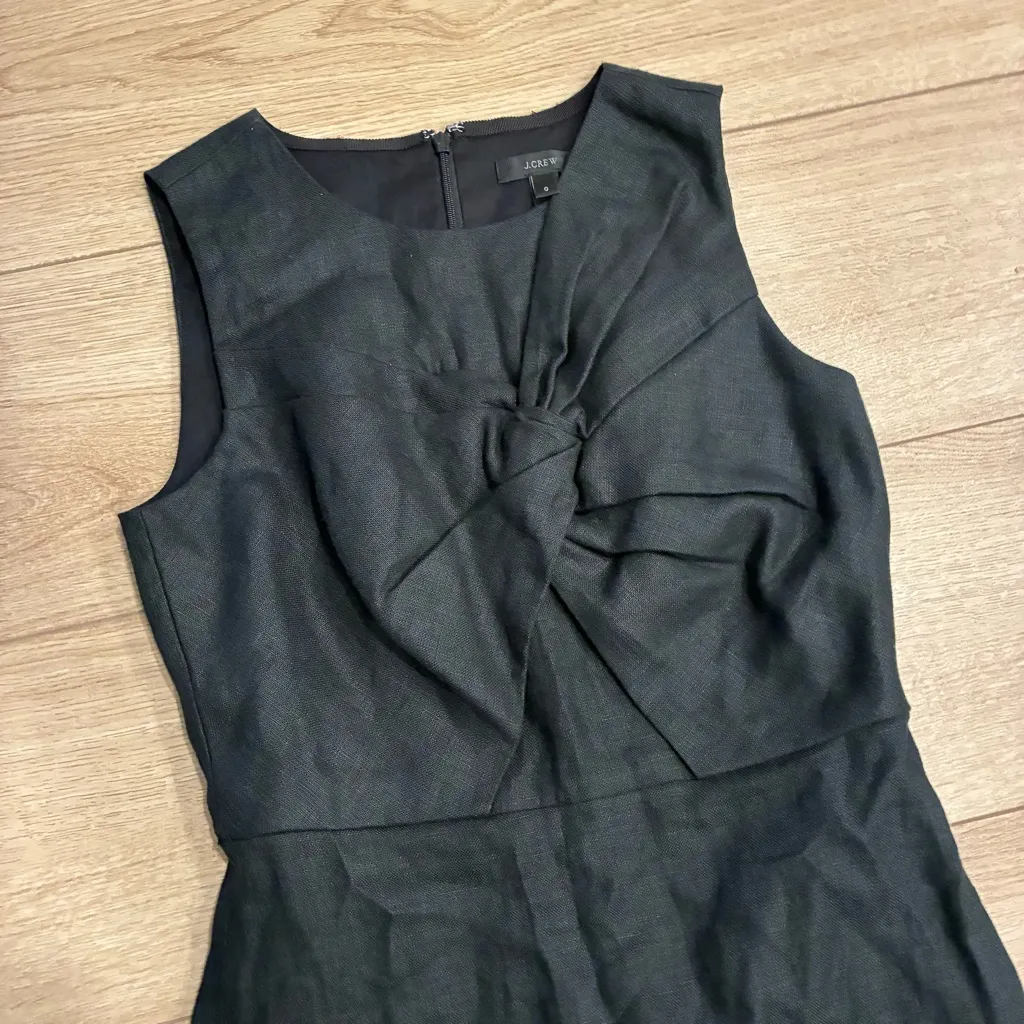 J. Crew Drape Knot Dress Irish Linen Twist Black Crew Neck Pencil Sheath Size 0 - Image 2