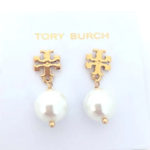 NWOT Tory Burch Logo White Faux Crystal Pearl Gold Drop Earrings - Image 2