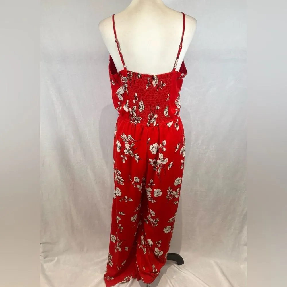 Skies Are Blue red and white floral smocked jumpsuit size medium - Image 3