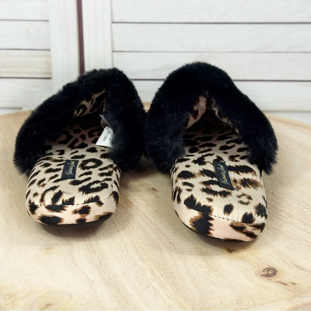 Victorias Secret Leopard Print Faux Fur Trim Satin Slippers Tan Black Medium - Image 7