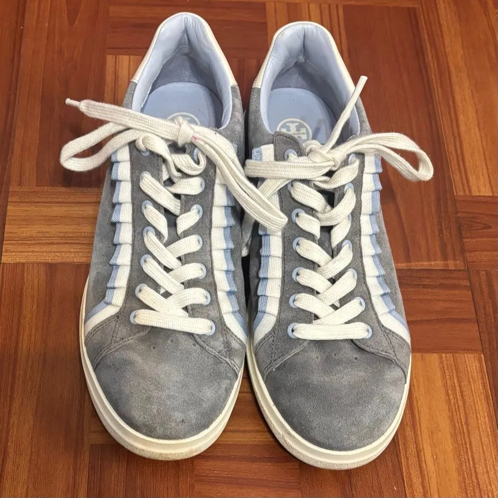 Tory‎ Burch Howell Court Suede Ruffle Sneakers Gray Blue 8 - Image 2
