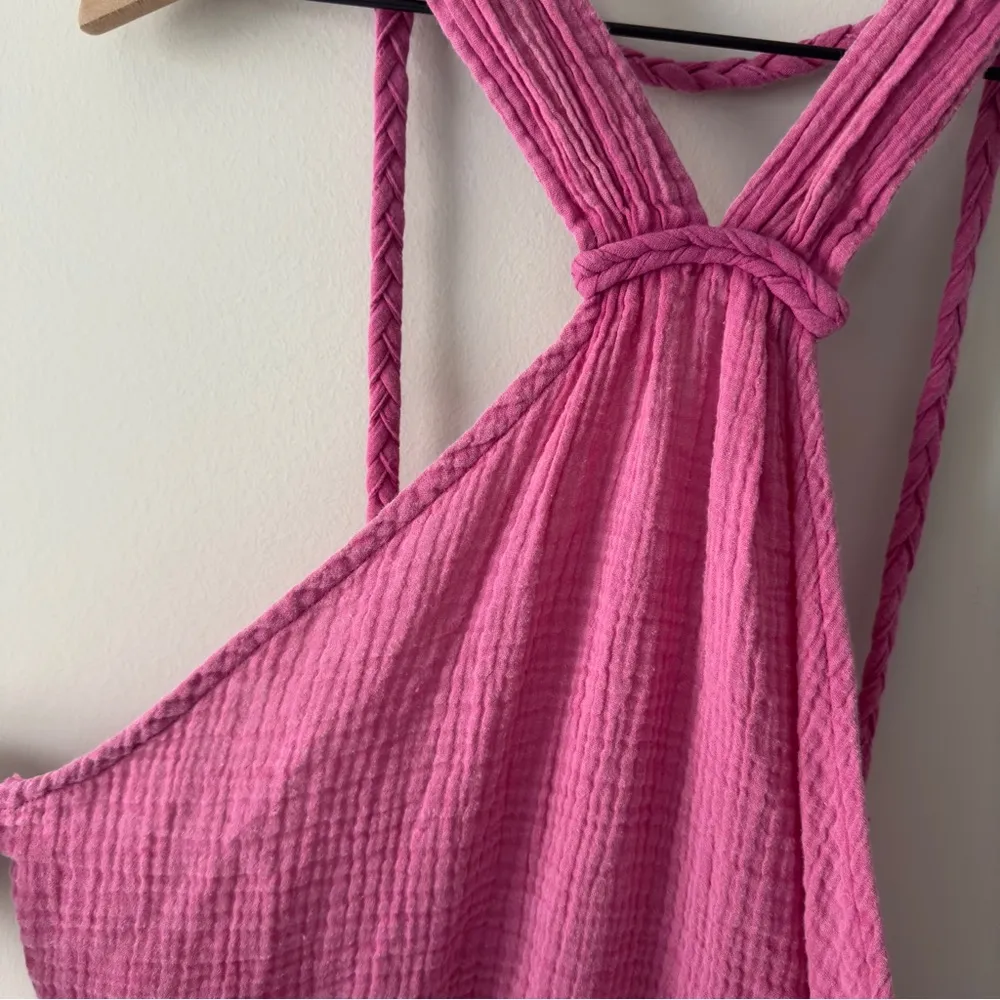 Anthropologie Pink gauze fabric braided strap mini dress halter 100% cotton NWT - Image 6