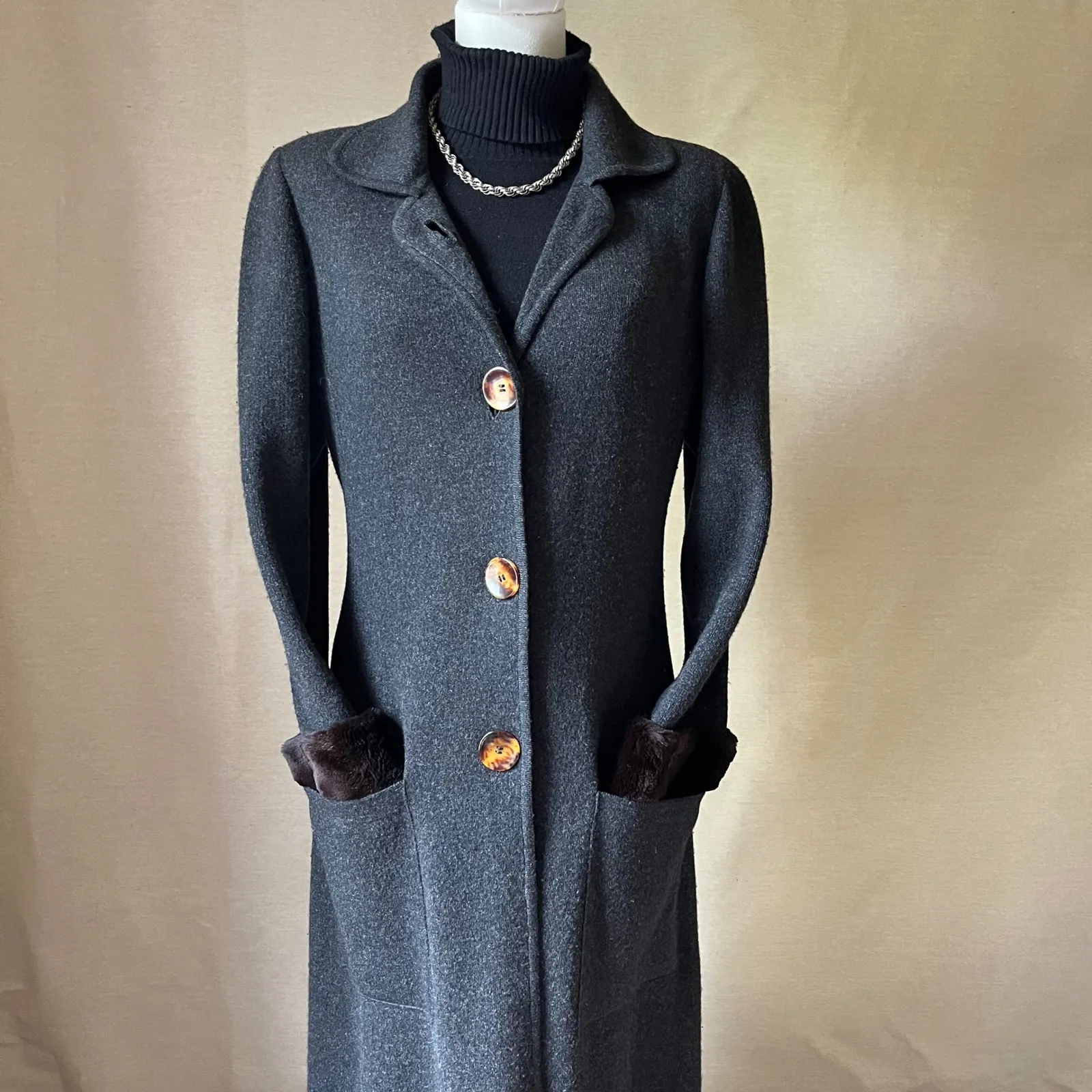 Vintage Fathi Due Paris Pure Cashmere Coatigan‎ S/M Gray Fur Cuff Long Maxi Coat - Image 6