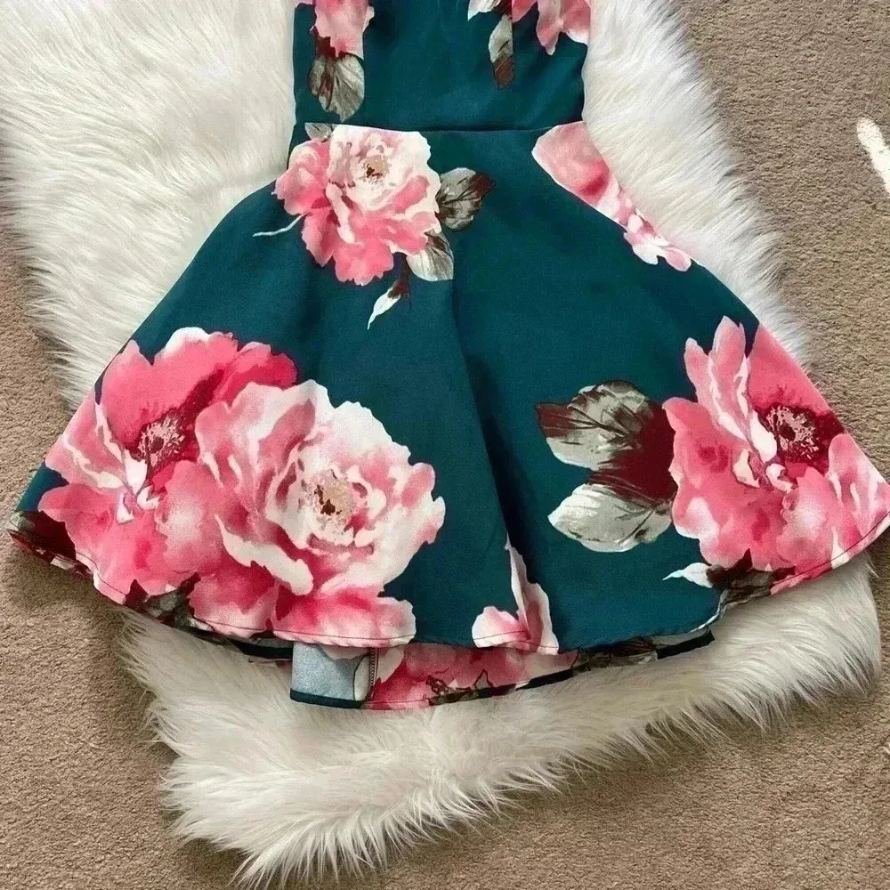 City Triangles Y2K Flare Green & Pink Floral Open Back Mini Dress - Image 3