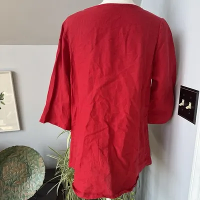 bryn WALKER Red Linen Oversized‎ Lagenlook Pullover Tunic Blouse Ruffle Small - Image 2