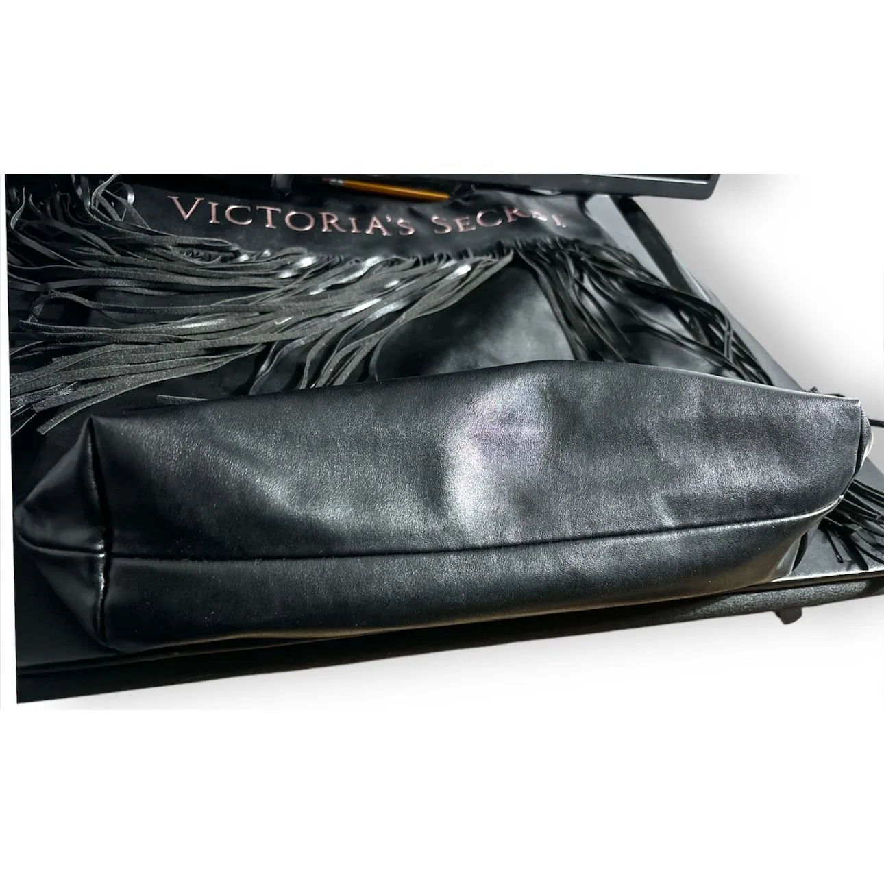 Victoria`s Secret Limited Edition Black Leather Tote Bag Purse with Fringe trave - Image 6