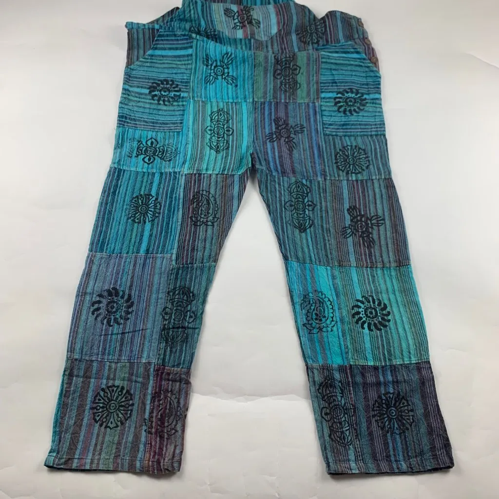 Vintage Wevez Turquoise Striped Cotton Stamp Print Relaxed Overalls One Size Blue Size undefined - Image 7