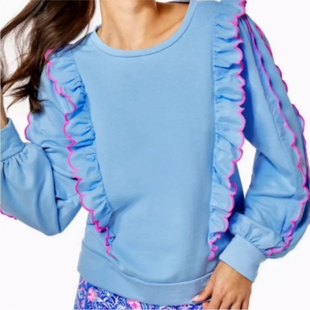 LILLY PULITZER SUZY SCALLOPED BLUE PINK RUFFLE TRIM CREW NECK SWEATSHIRT Size S - Image 3