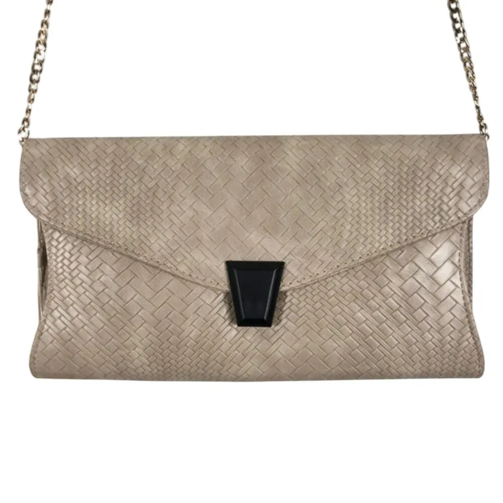 NWT Madison West Snakeskin Envelope Clutch Crossbody Bag Gold Chain Strap Taupe - Image 2