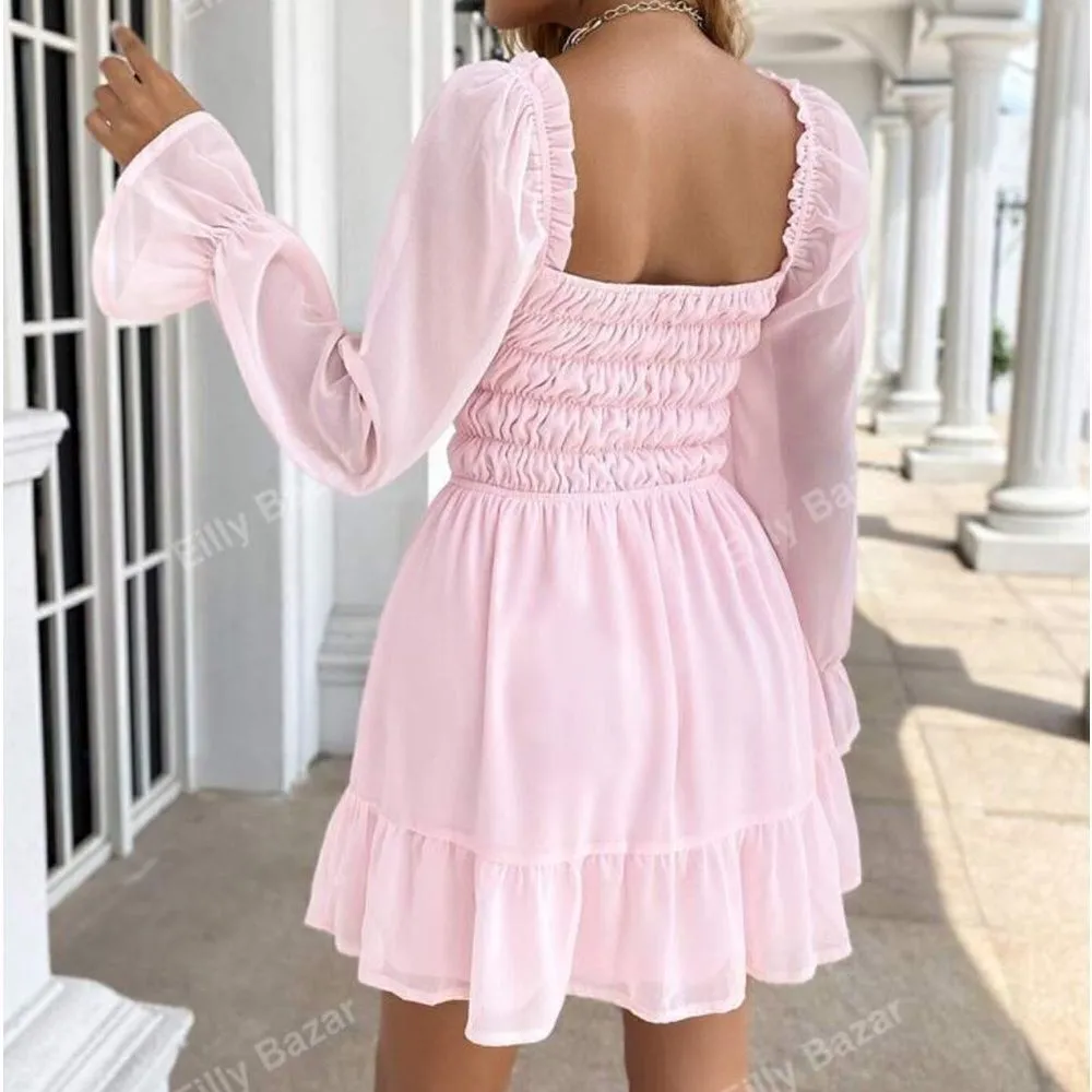 Eilly Bazar Baby Pink Shirred Flounce Sleeve Ruffle Hem Chiffon Dress Size L - Image 2