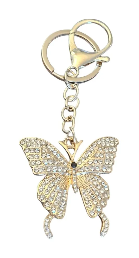 Butterfly Keychain Rhinestone Charm Bag Purse Accessories Keyring Gold - Image 1