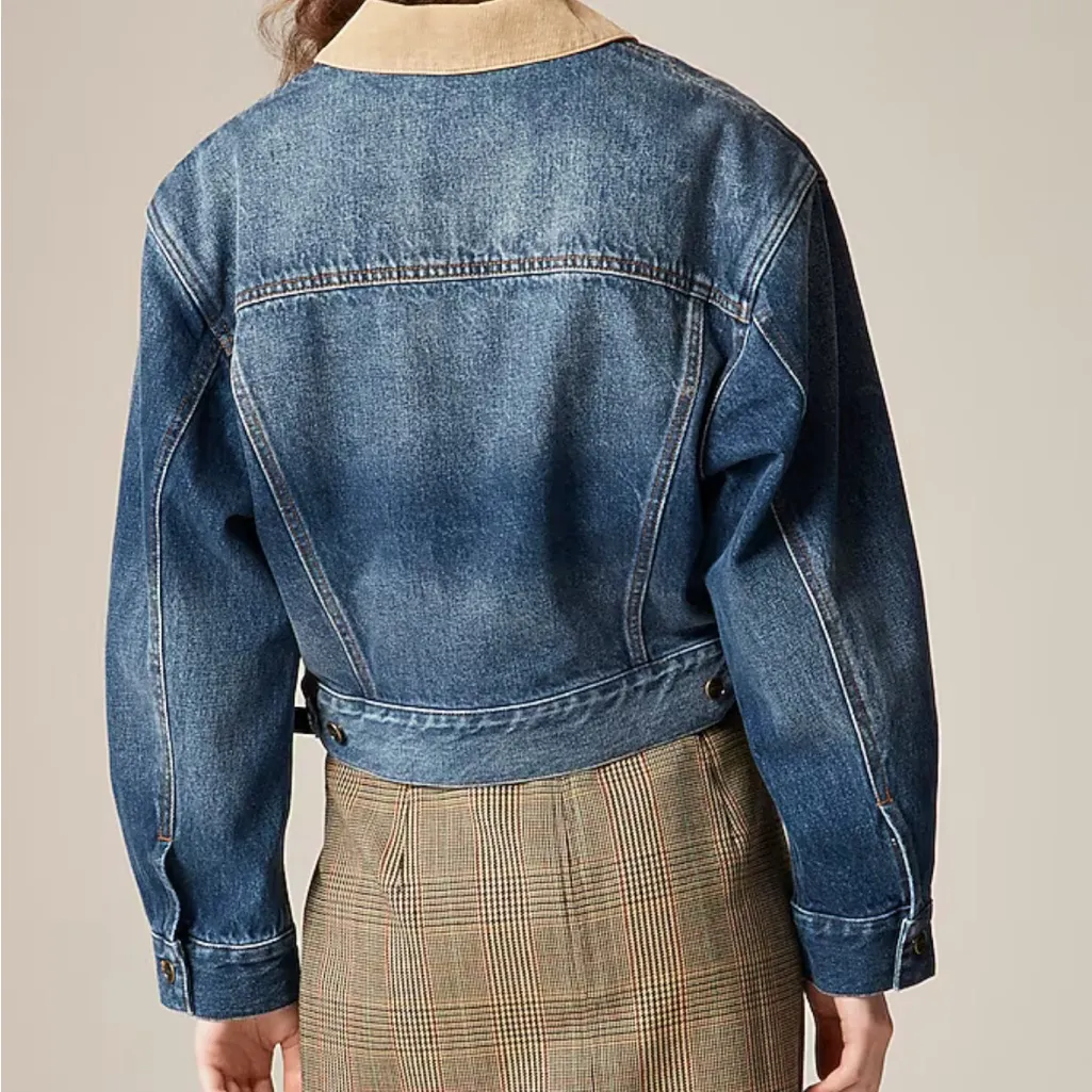J. Crew Blue Denim Jacket with Tan Collar cropped XS SIZE 2 NWT - Image 4