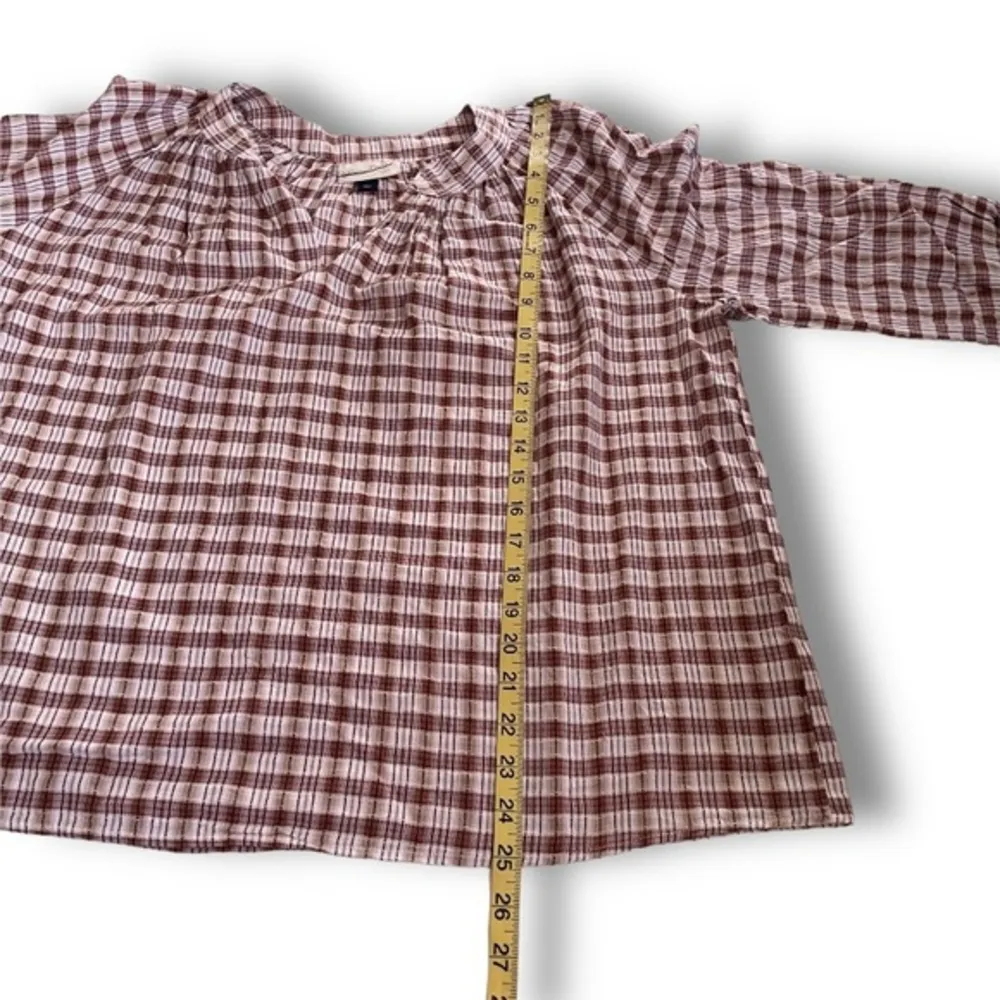NWOT Brown Beige Tan Plaid Boho Peasant Blouse Top New 3/4 Balloon Sleeve V Neck - Image 4