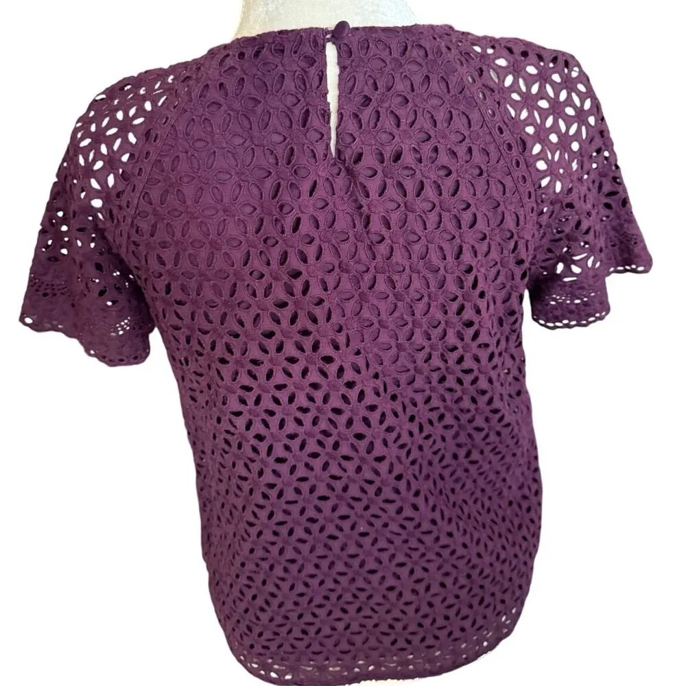 J.Crew Eyelet purple blouse top lace deep purple sz 8 flowy pullover shirt women - Image 3