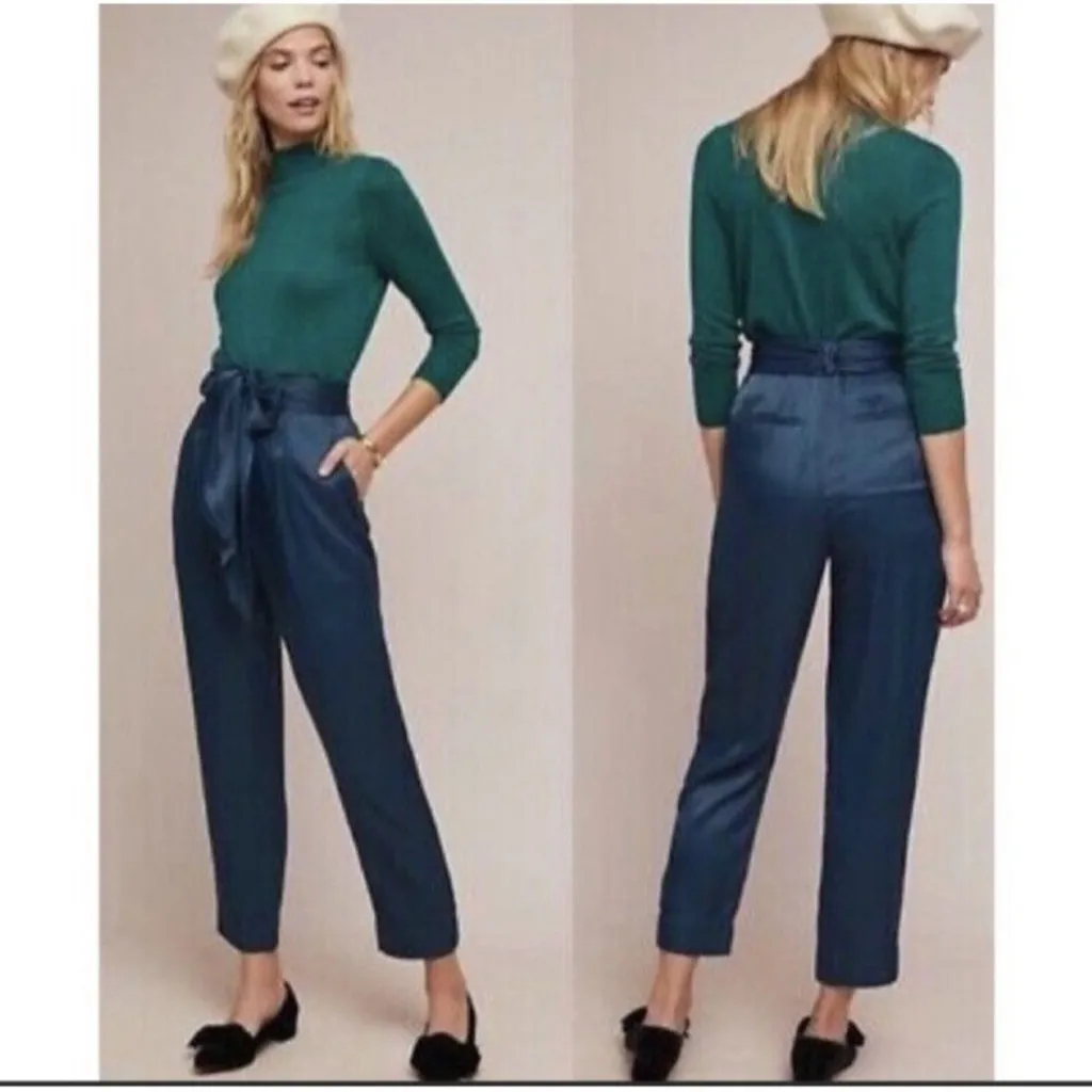 Anthropologie 4 Satin Tie Waist Pants Tapered Ankle Blue paper bag Silky ett:twa - Image 3