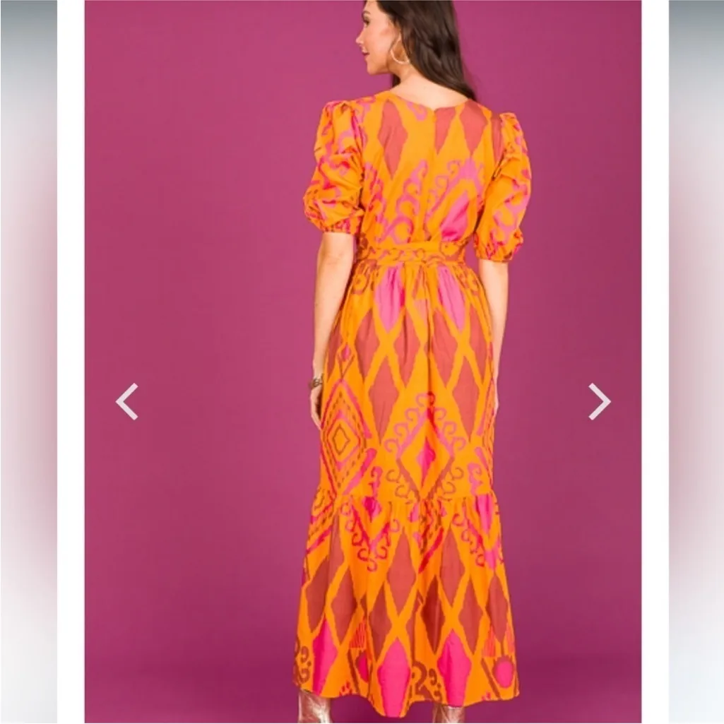 Maude Vivante Boho Ikat Cotton Maxi Dress Small Orange Pink - Image 3