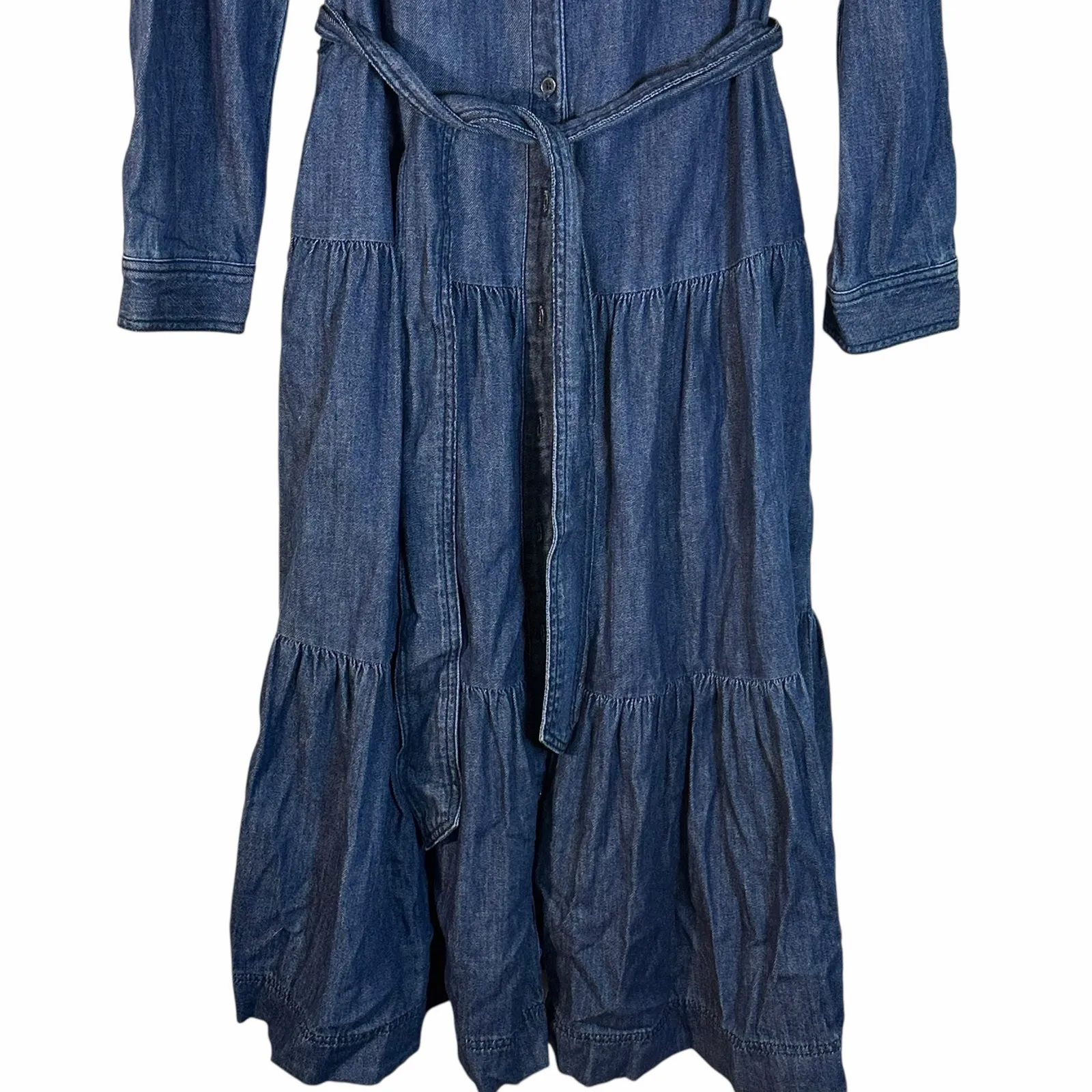 Boden Ellen Tiered Midi Denim Shirt Long Sleeve Dress Blue Size 8 - Image 6