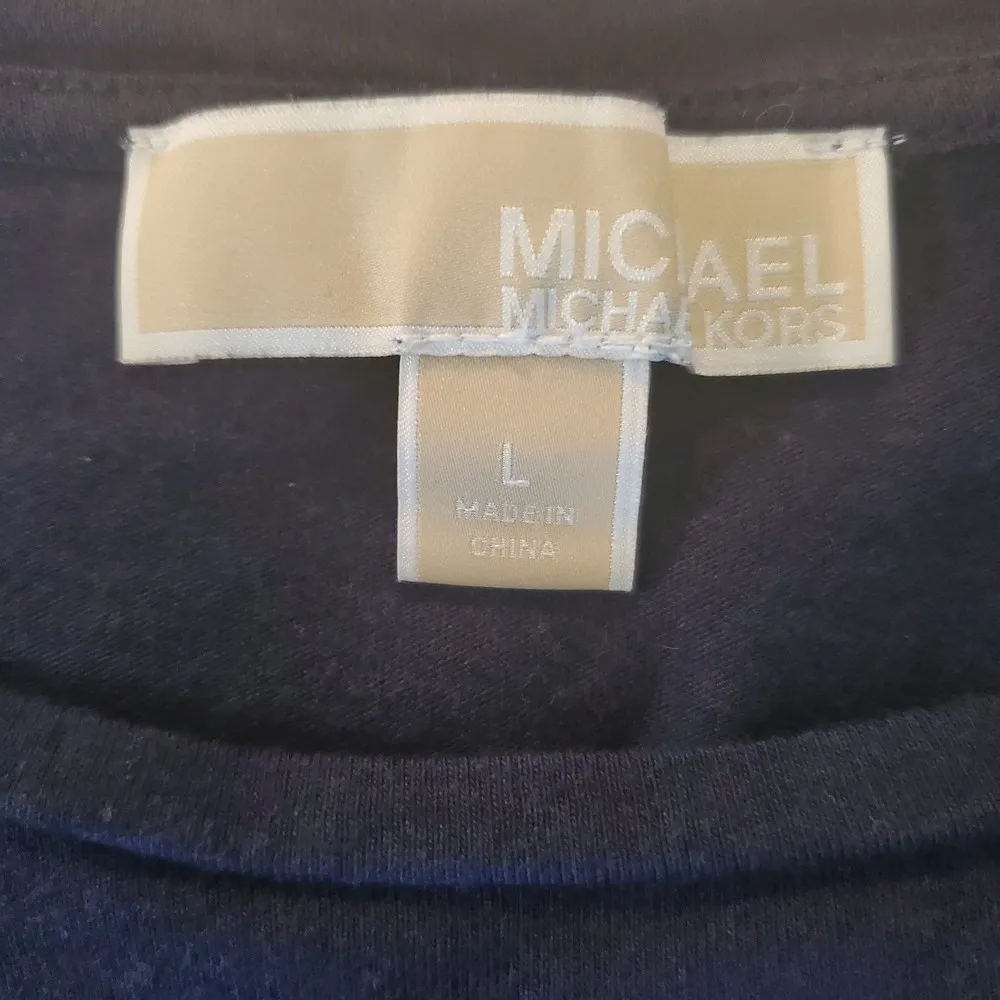 𝅺Michael Kors Grommets Lace-up Short Sleeve Navy Blue Knit Top size L - Image 4