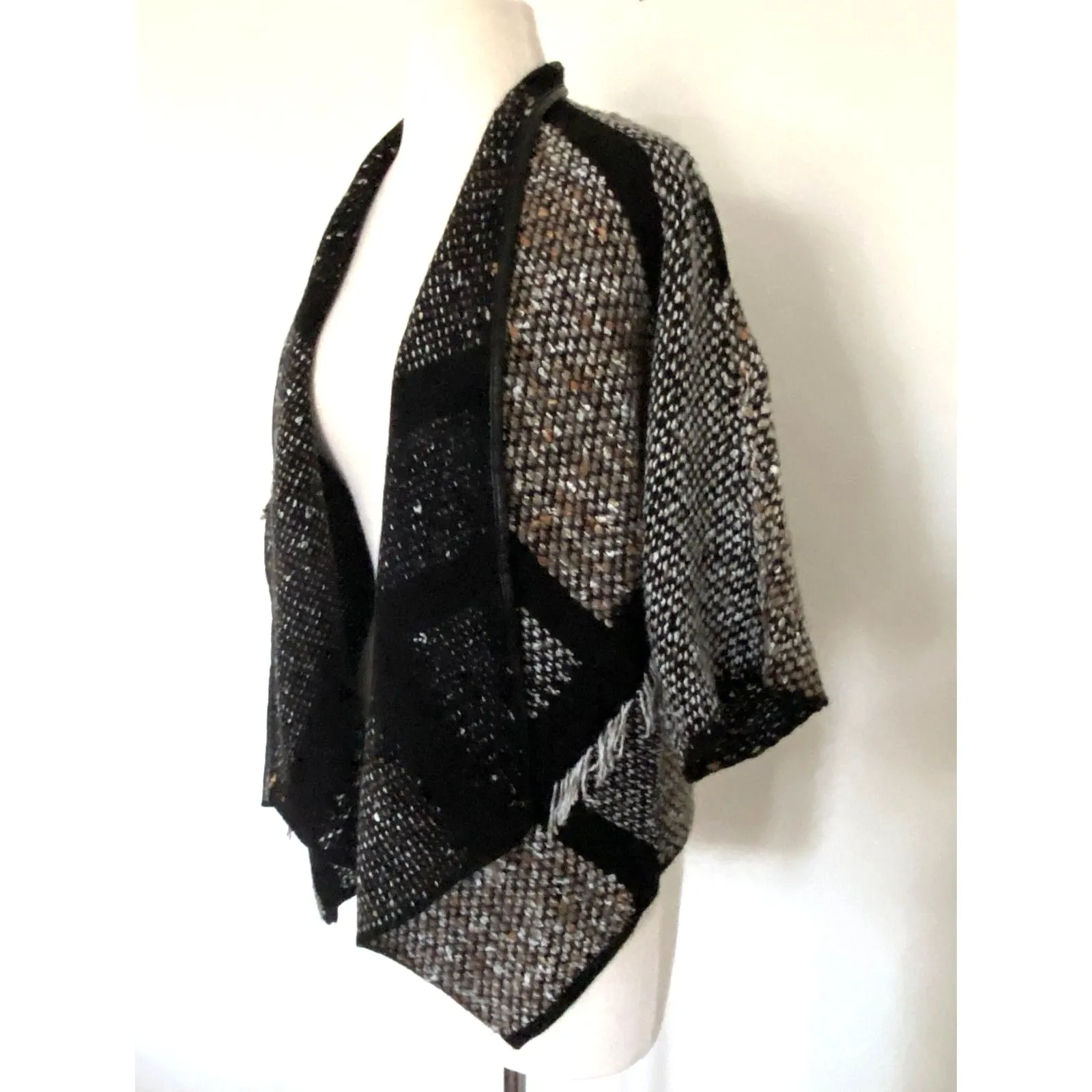 Chicos Kinsley Fringed Tweed Cardigan Stripe Knit Leather Trim Draped Open 0 (S) - Image 3