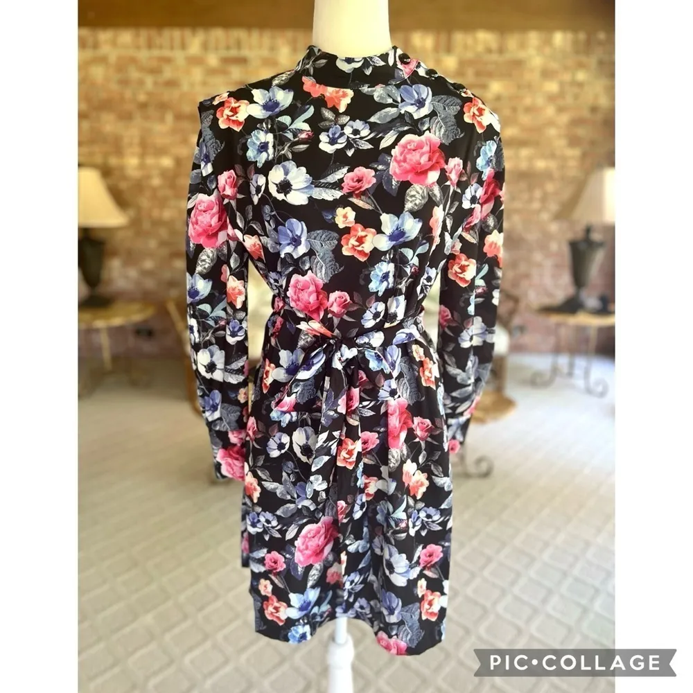 Rebecca Minkoff Trudy Dress Black Floral High Neck Mini XS Long Sleeve Party - Image 3