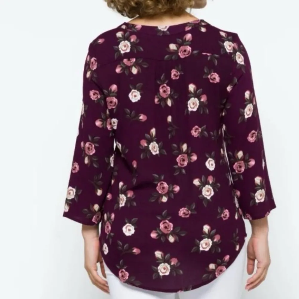 Monday Fun Kearney Dark Purple Boho Floral Henley Top Size Small - Image 3
