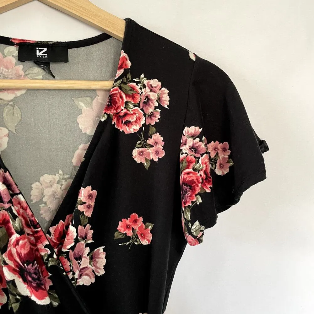 IZ Byer black and pink floral wraparound style dress mini women's size S flutter - Image 2