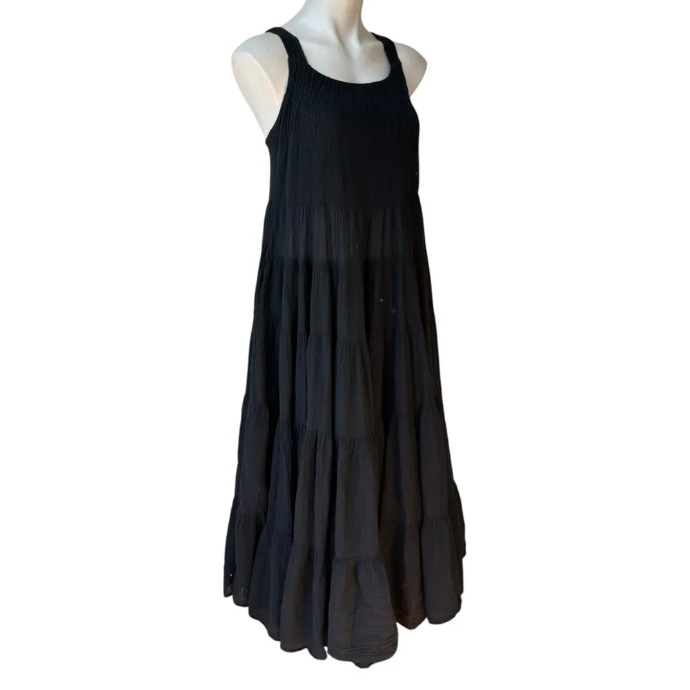 Greek Archaic Kori Black Cotton Gauze Tiered Flowy Maxi Halter Dress, Sz XS - Image 4