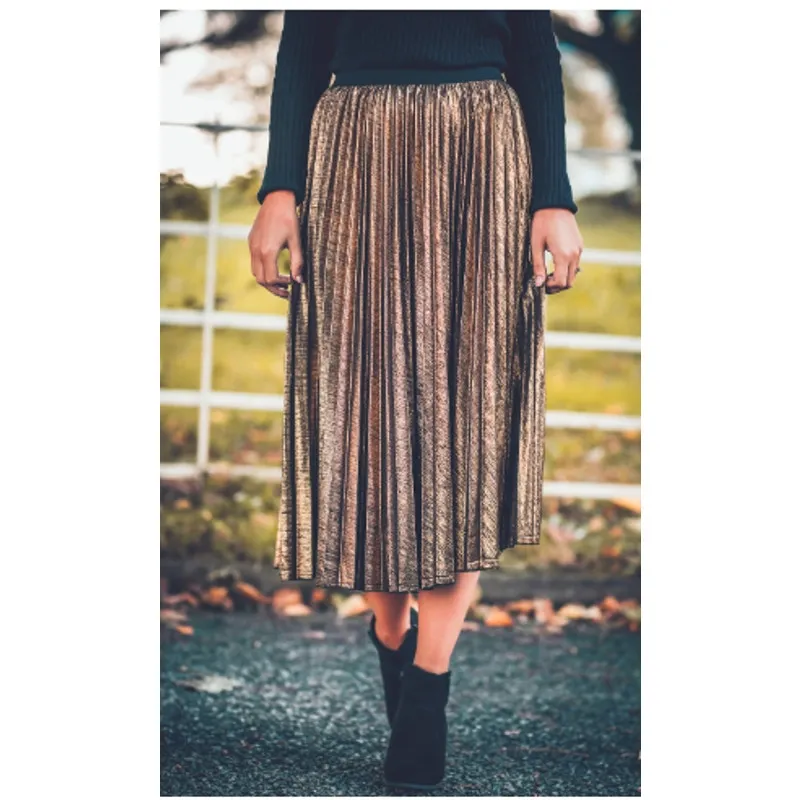 On the Road Bronze Metallic Pleated Skirt Large - Image 12