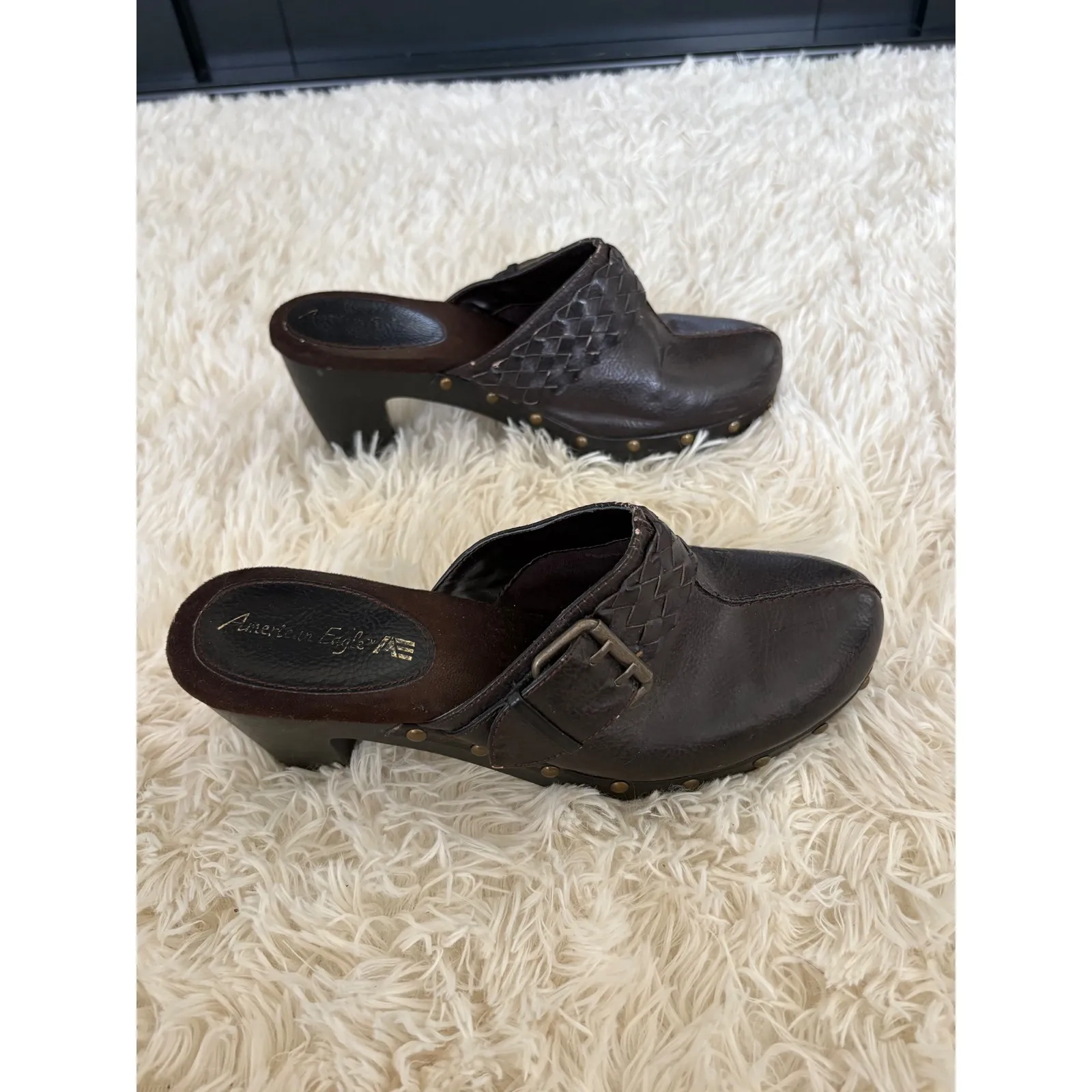 American Eagle Clogs Woven Leather Buckle Block Heel Studded Brown Mules‎ Size 8.5 - Image 3