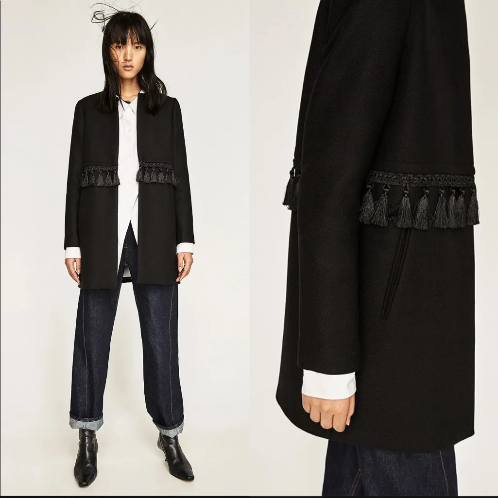 Zara Wool Blend Coat with Tassel Detail On The Waist size L Large - Image 2