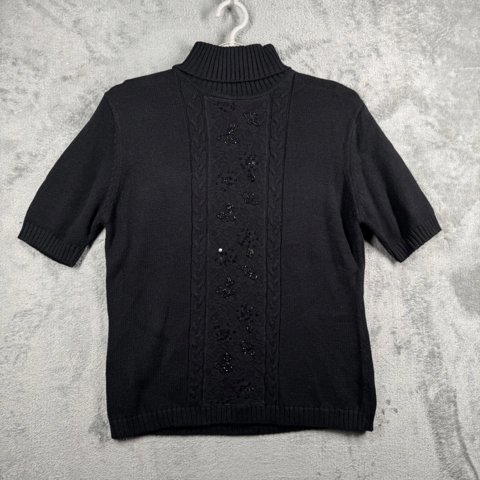 Kathie Lee Sweater M Black Beaded Turtleneck Short Sleeve Goth Grunge Vintage 90 - Image 2