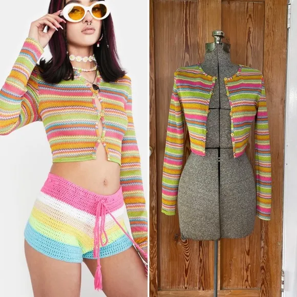 Blue Blush Rainbow Daze Knit Crop Cardigan - Size Medium - Image 2