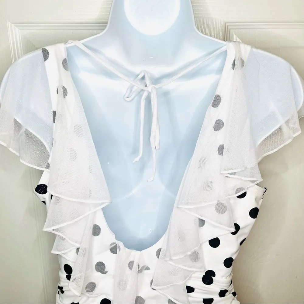 Unique Vintage Polka Dot Ruffle Sheath Swimsuit Mesh Ruffle Black White M NWT - Image 8