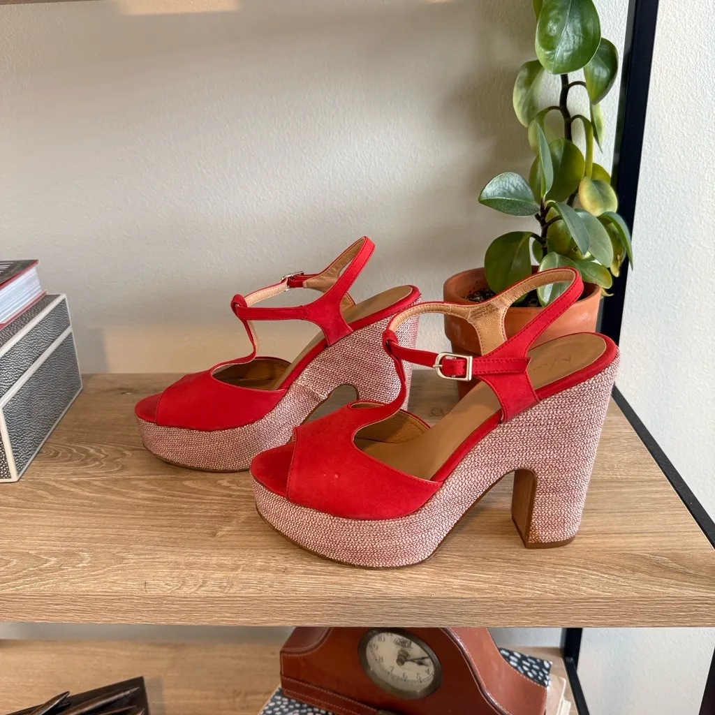 Anthropologie Glitz T-Strap Red Suede Platform Block Heels, 9.5 - Image 6