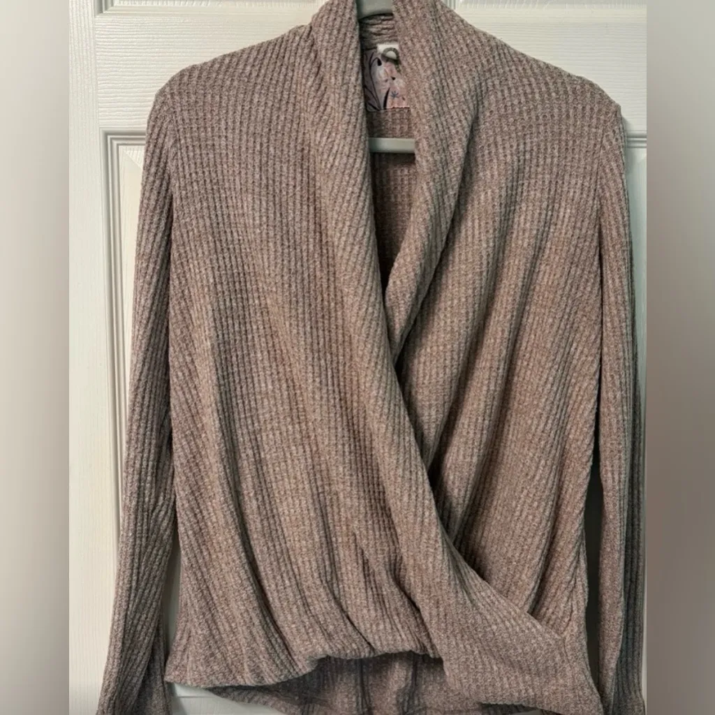 Anthropologie Ribbed Wrap Cardigan Sweater in Taupe - Image 2