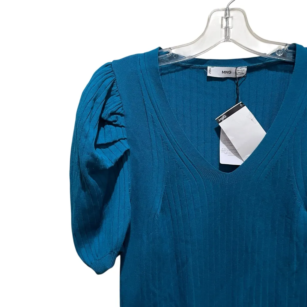 MNG Mango Puff Sleeve Ribbed Knit Top Teal Blue Women’s Size Medium NWT Green - Image 3