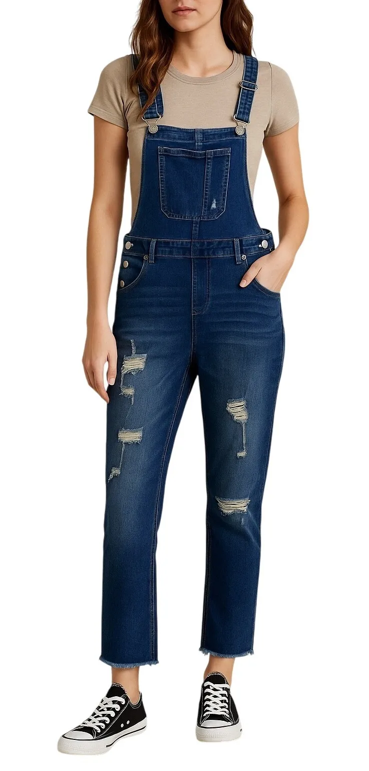 Women's Distressed Denim Overalls Size L Blue Jean Bib Pants Adjustable Straps Blue Size L - Image 1