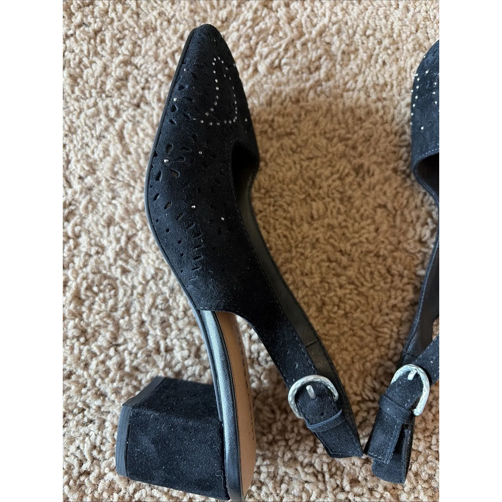 Lucky Brand LK-JOCINA 2 Classic Black Suede Leather Laser Cut Slingback Shoes 6 - Image 8