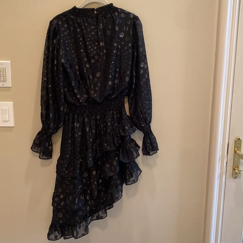DO+BE x Revolve Sheer Asymmetrical Polka Smock Ruffle Tiered Black Dress SMALL - Image 6