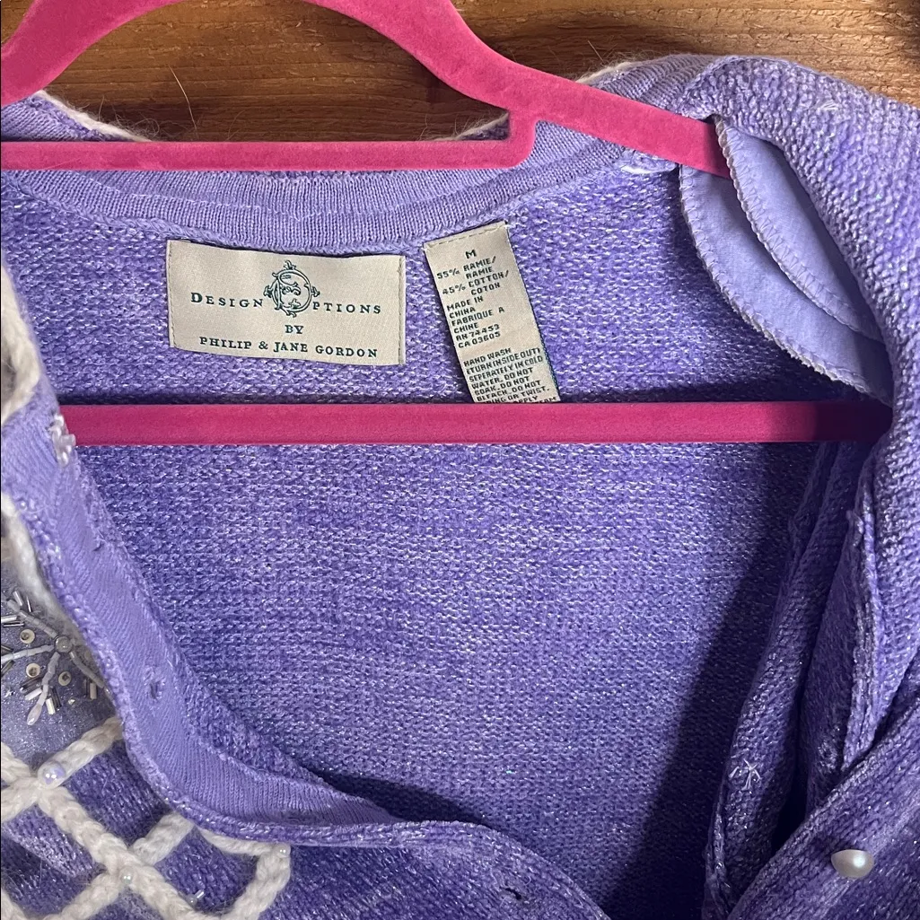 Vintage Holiday Crochet Knit Sweater Philip Jane Gordon Collar Pearl Snowflake Purple Size M - Image 8