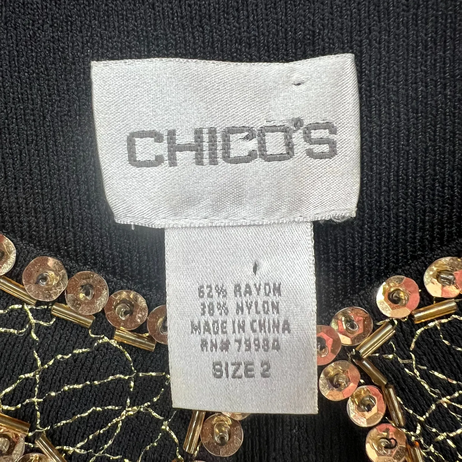 Chicos Knit Tank Top Womens US L Black Cleopatra Sequins Beads Stretch Boho Chic - Image 8