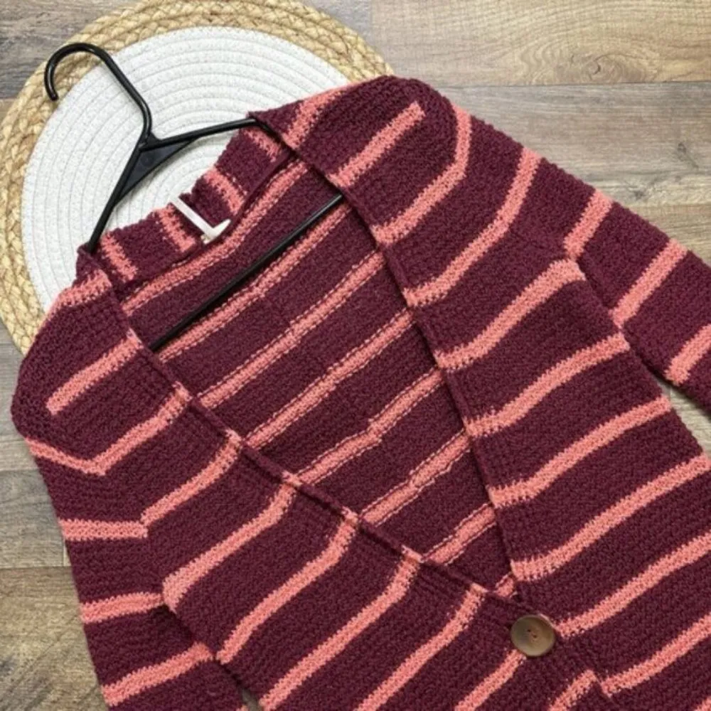 Free People Beach Big Button Cardigan Sweater XS Maroon Pink Stripe - Image 4