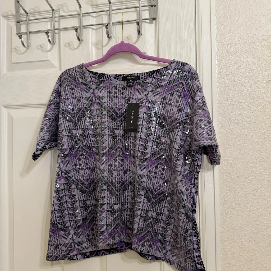 Style & Co Geometric Purple Sequin Blouse Top NWT - Image 4