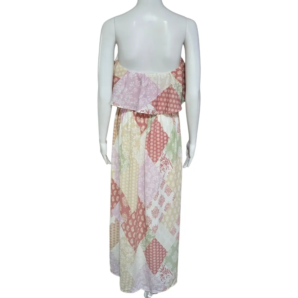 Ces Femme Pastel Patchwork Ruffle Bodicece Strapless Maxi Dress Size Small Pink - Image 5