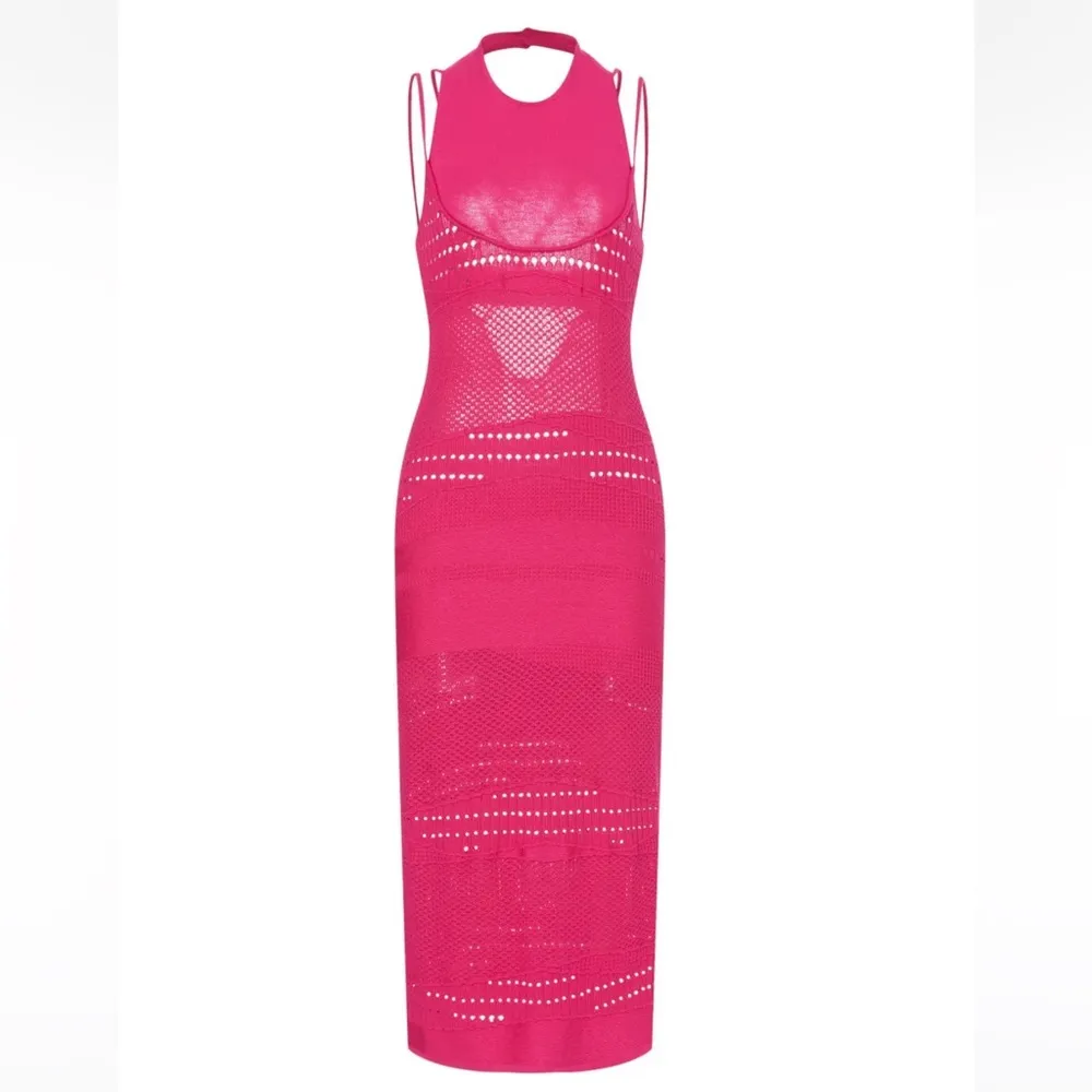 Esteban Cortazar Collective Stretchy Midi Dress Hot Pink Crochet Wedding Guest L - Image 5