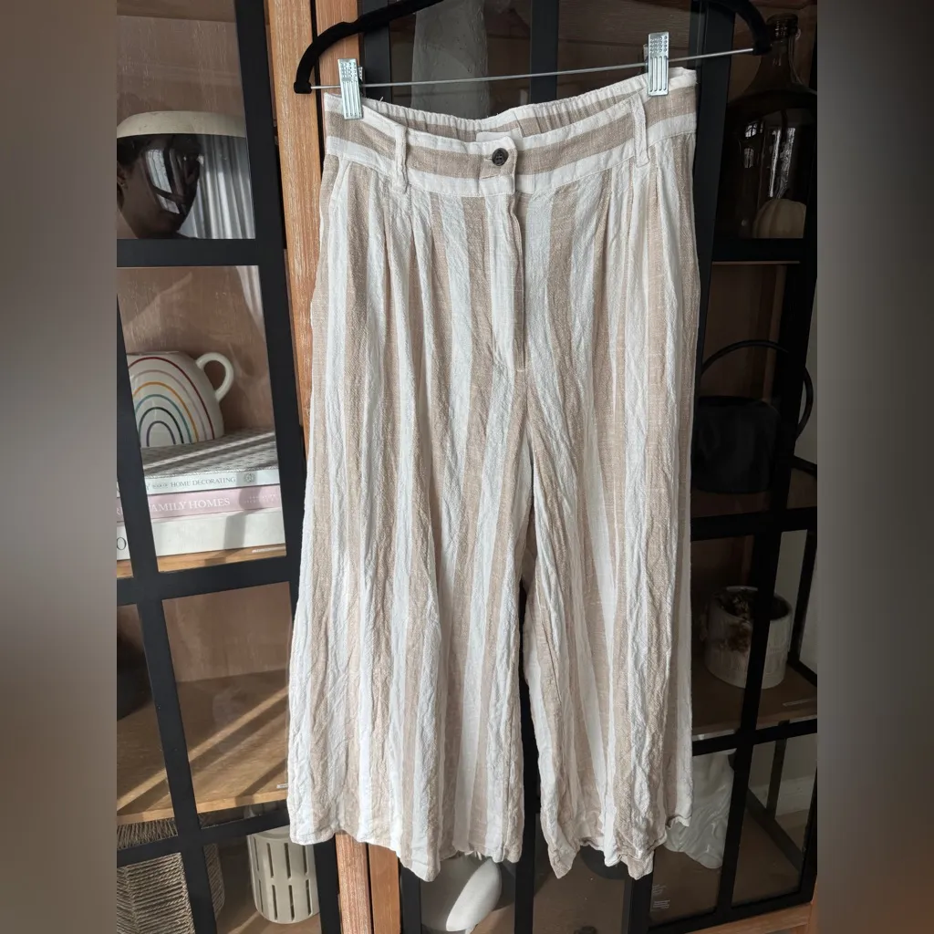 H&M linen pants wide leg cropped striped beige sand pockets high rise trousers - Image 3