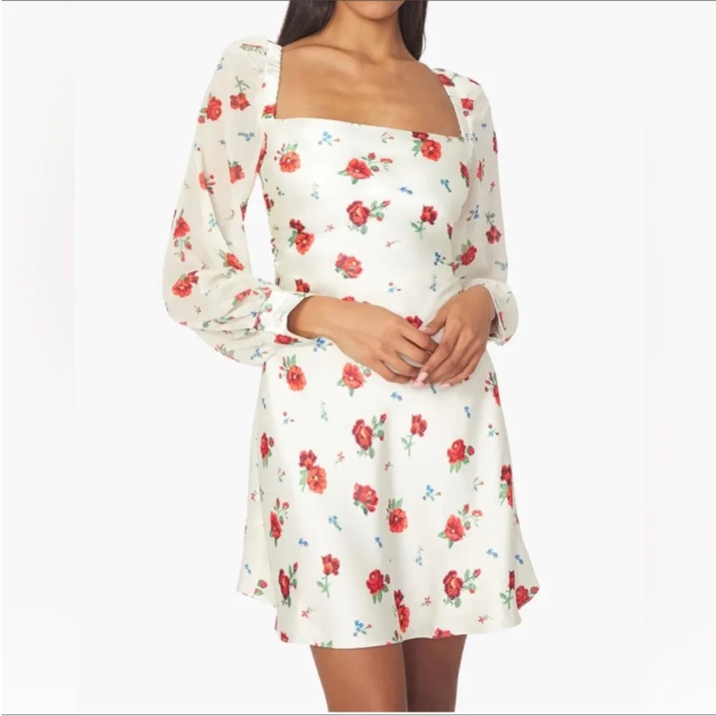 WeWoreWhat Dress 6 White Red Long Sleeve Roses Floral Puff Sleeve Cowl - Image 14